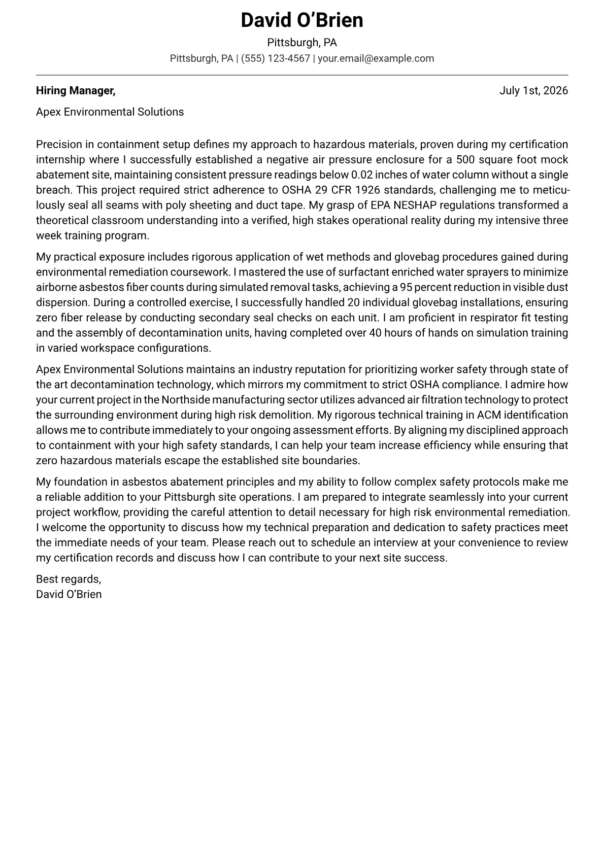 Asbestos Removal Technician cover letter in the Modern design