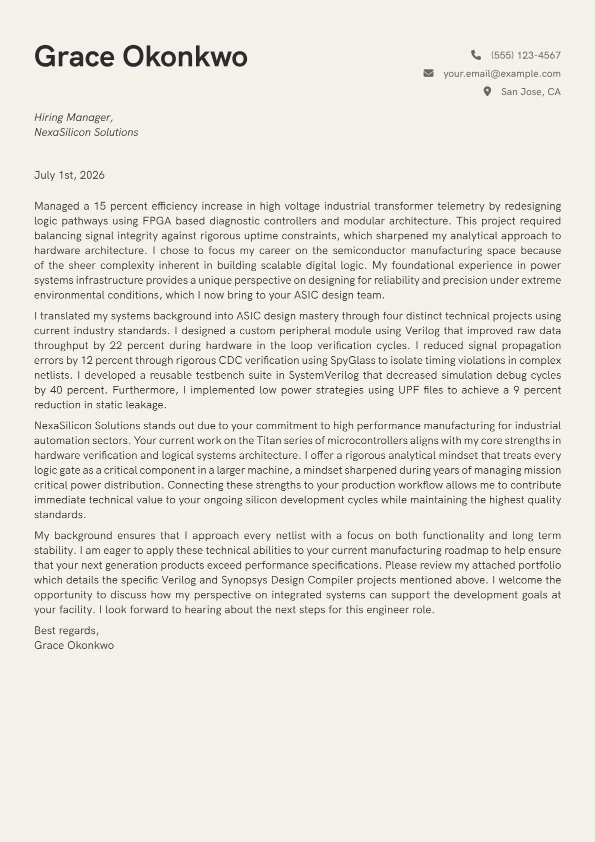 ASIC Design Engineer cover letter in the Creative design