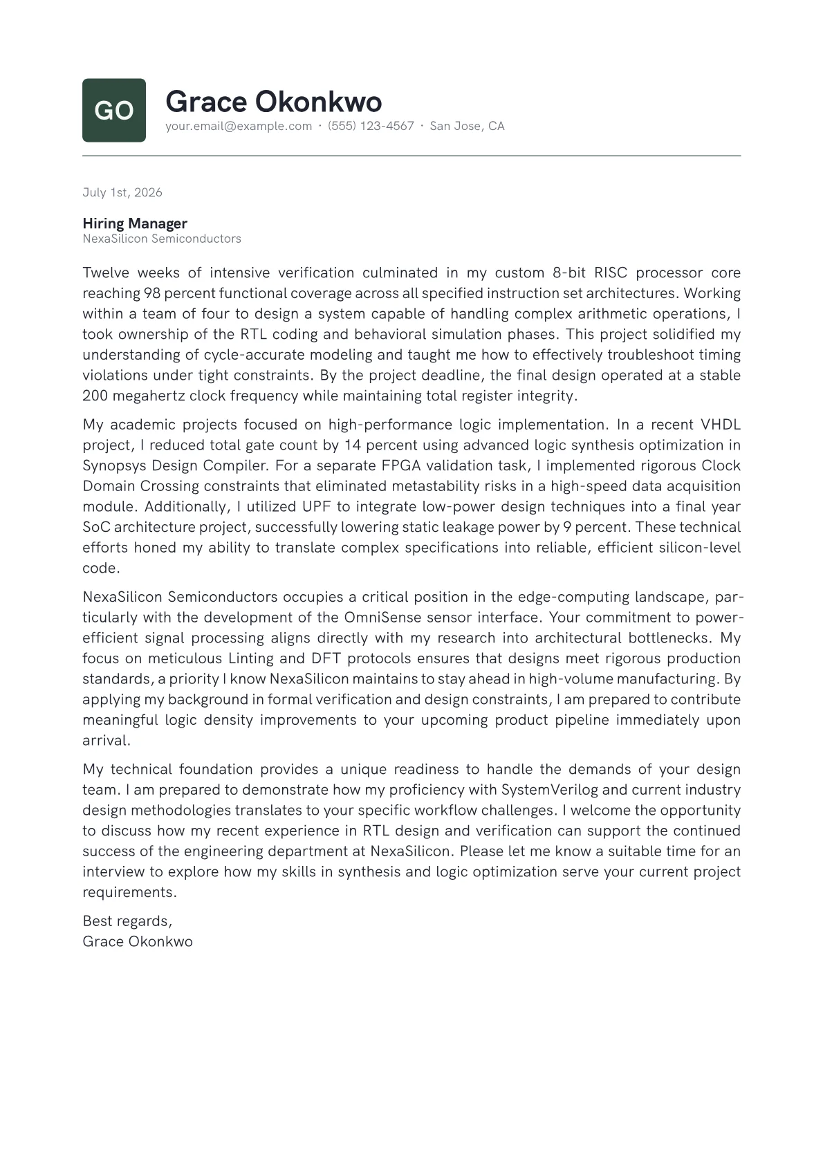ASIC Design Engineer cover letter in the Emblem design