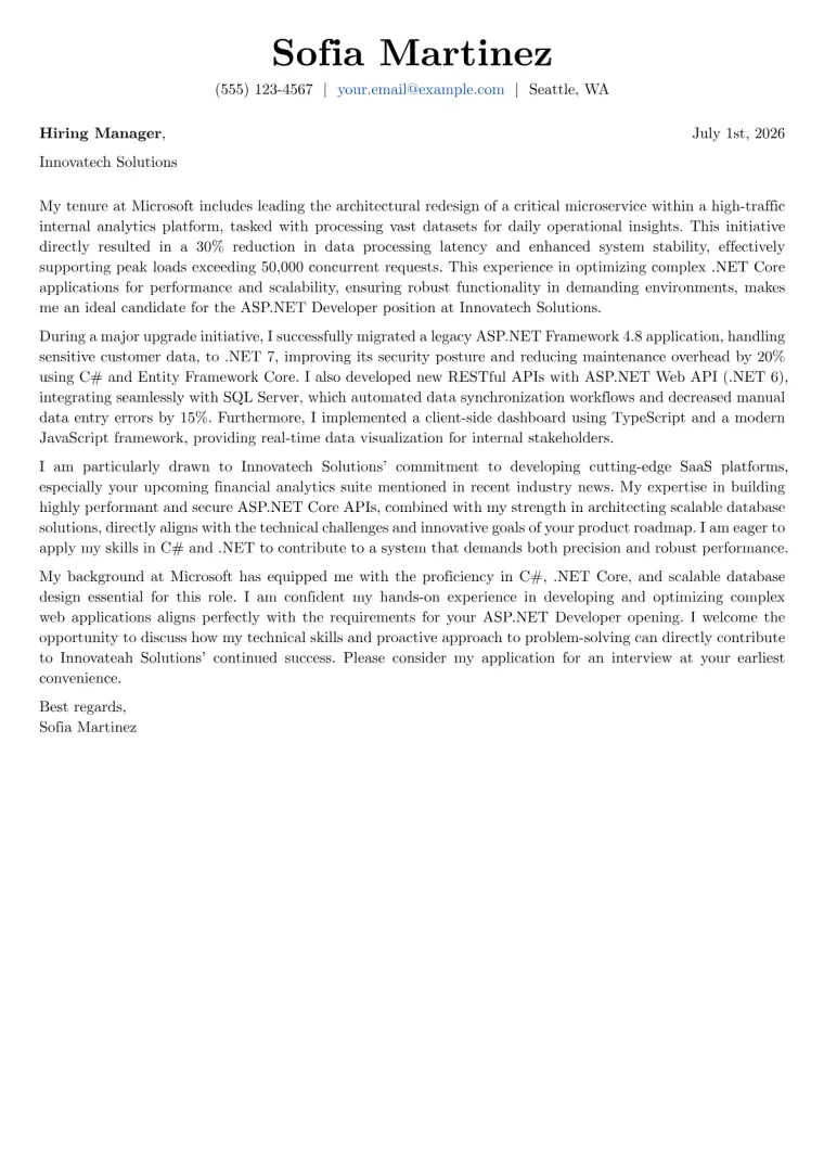 ASP.NET Developer cover letter example preview