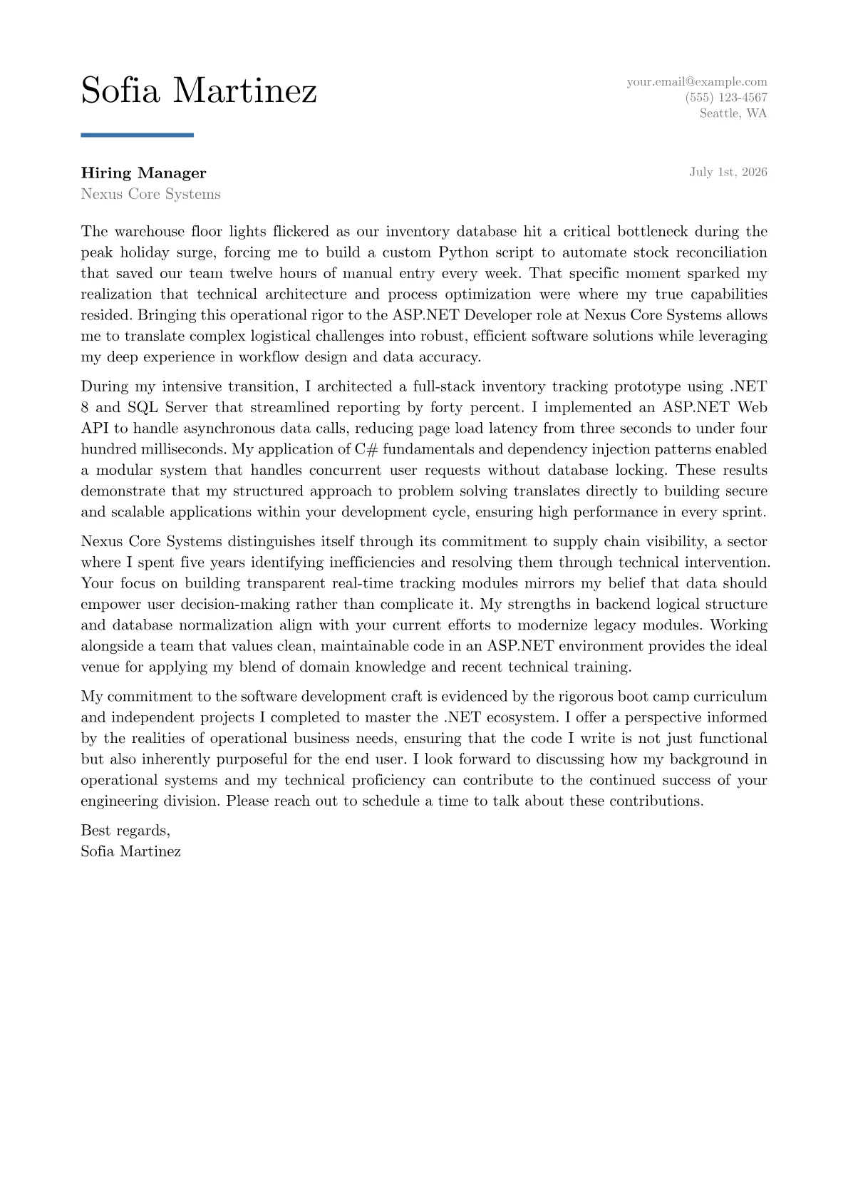 ASP.NET Developer cover letter in the Executive design