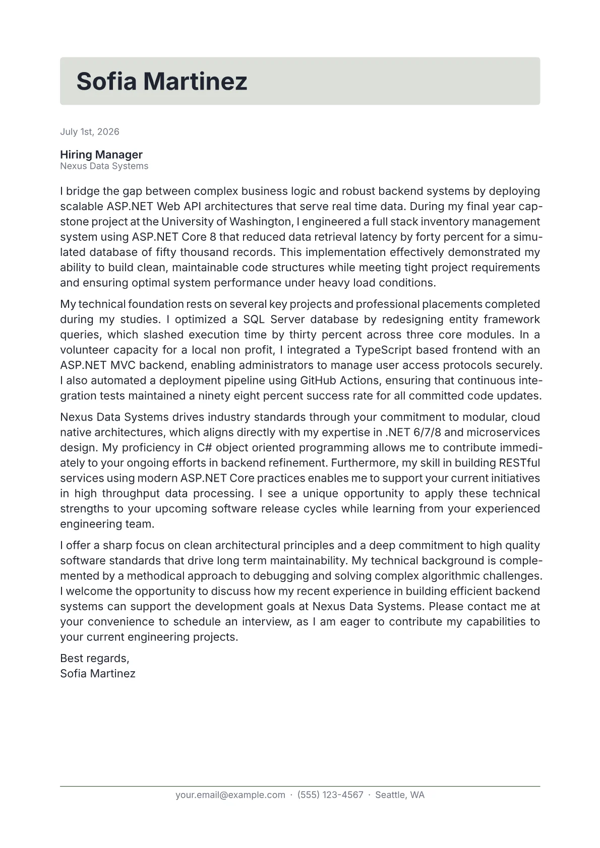 ASP.NET Developer cover letter in the Letterhead design