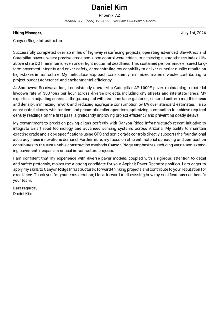 Asphalt Paver Operator cover letter example preview