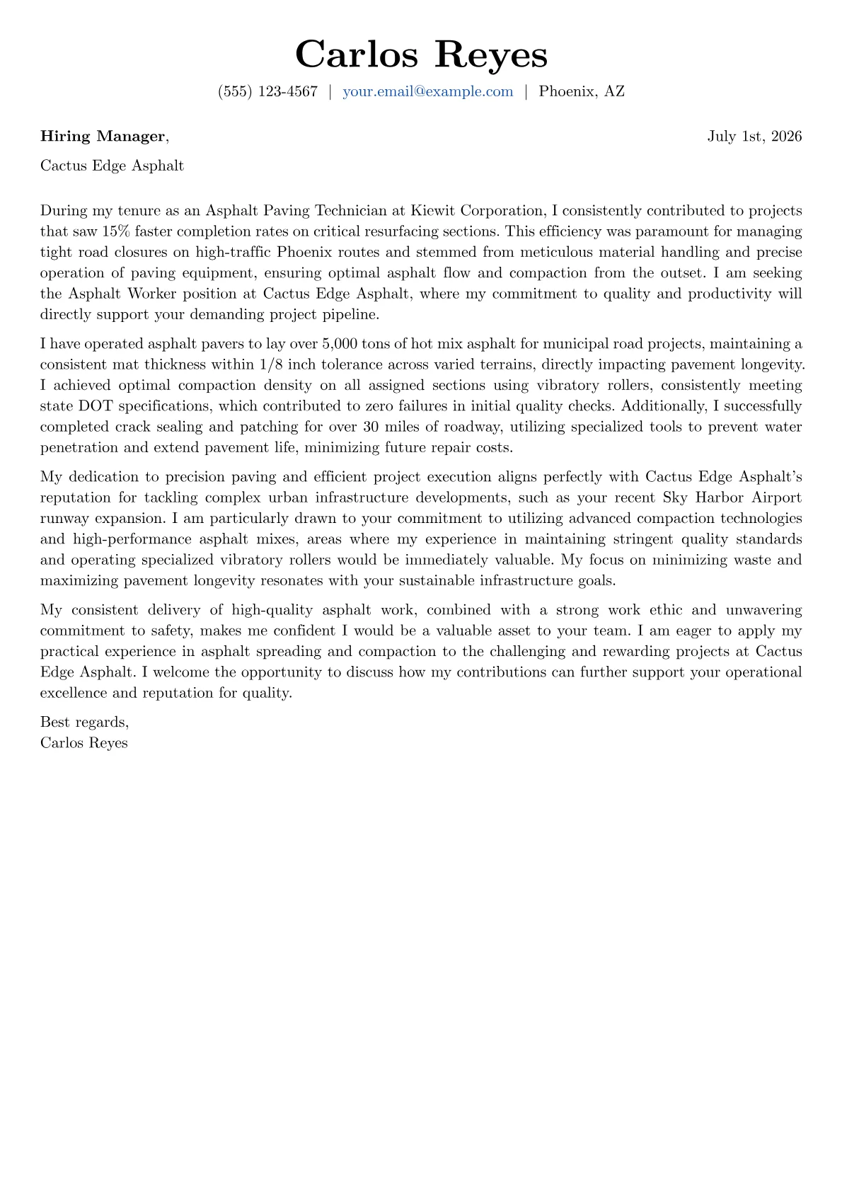 Asphalt Worker cover letter formatted with a JobSprout template