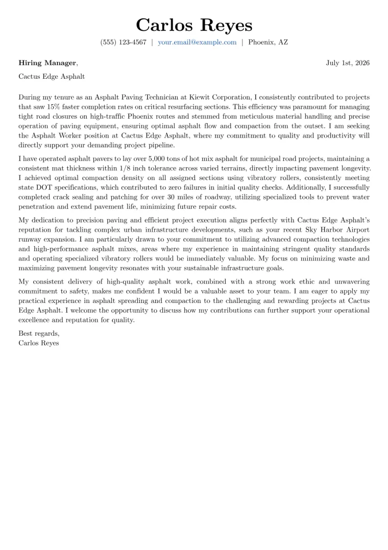 Asphalt Worker cover letter example preview