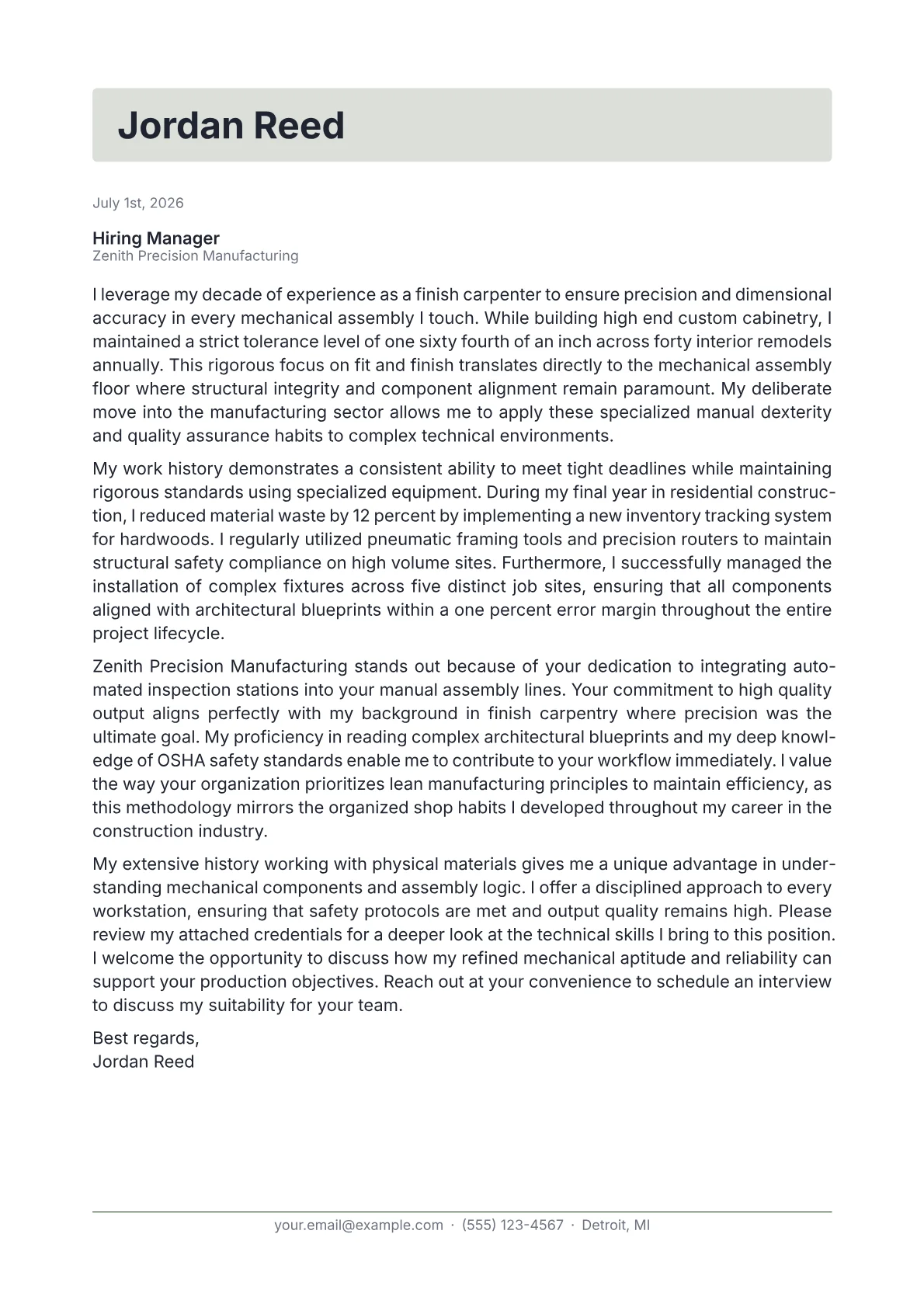 Assembler cover letter in the Letterhead design