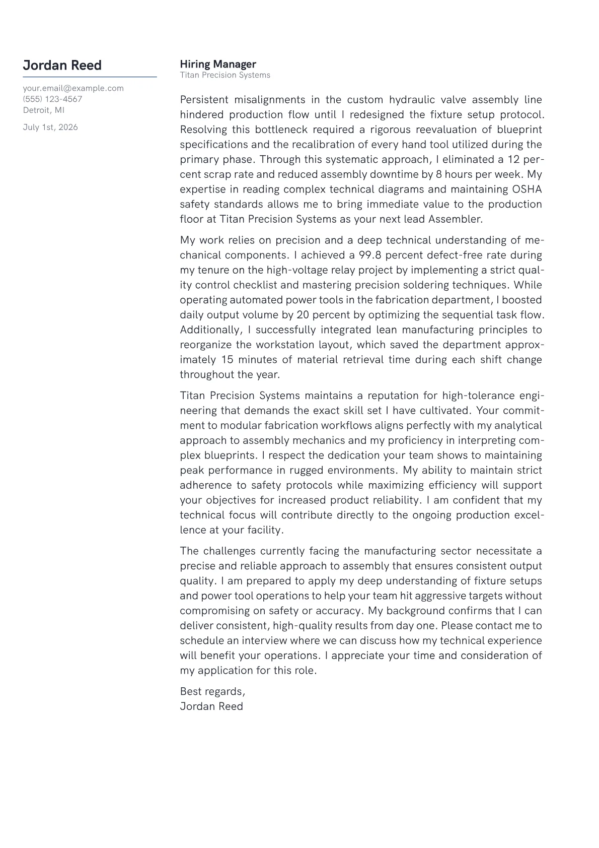 Assembler cover letter in the Margin design