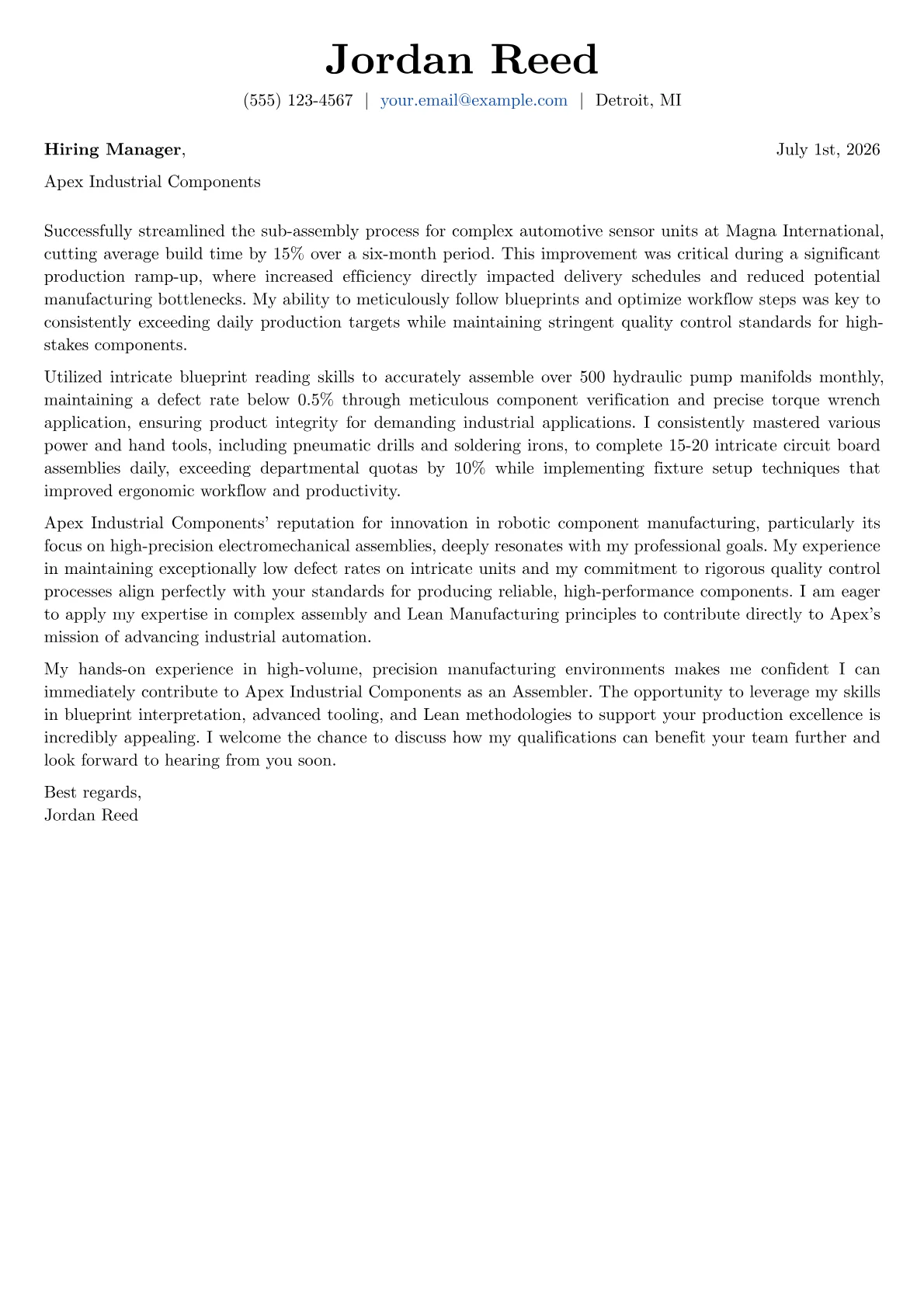 Assembler cover letter formatted with a JobSprout template