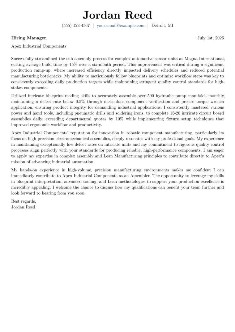 Assembler cover letter example