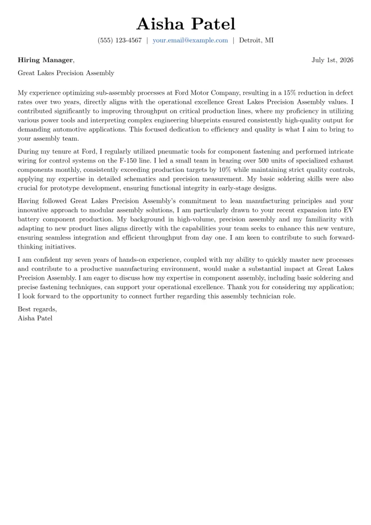 Assembly cover letter example preview
