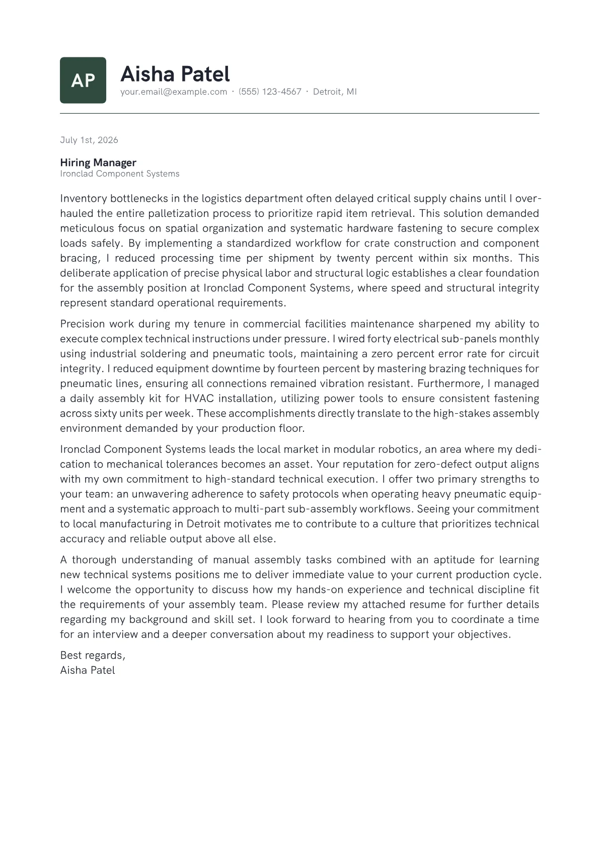Assembly cover letter in the Emblem design