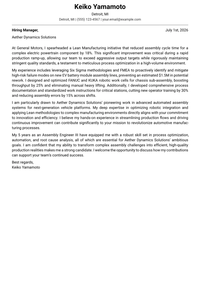 Assembly Engineer cover letter example preview