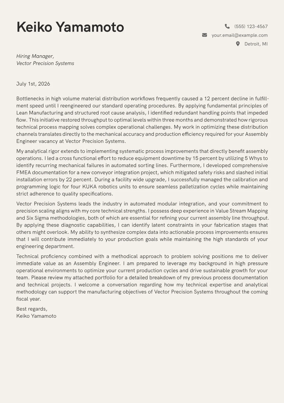 Assembly Engineer cover letter in the Creative design