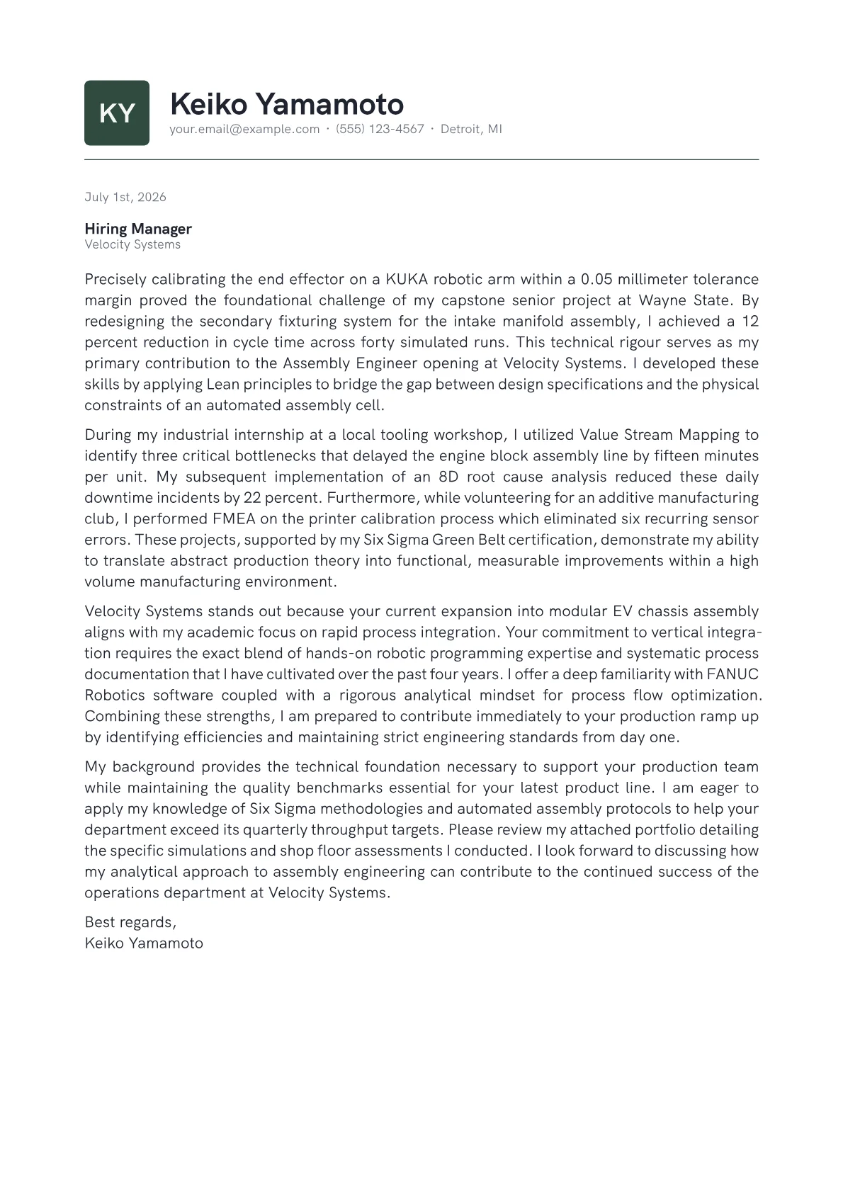 Assembly Engineer cover letter in the Emblem design