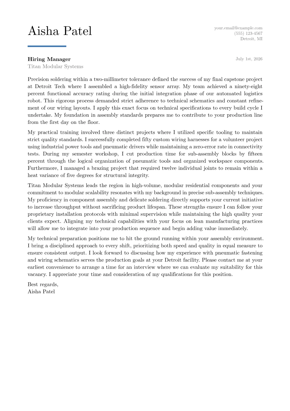 Assembly cover letter in the Executive design