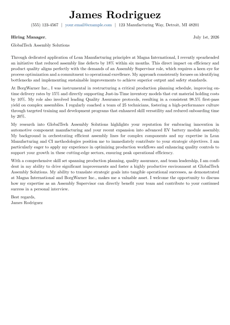 Assembly Supervisor Cover Letter Example