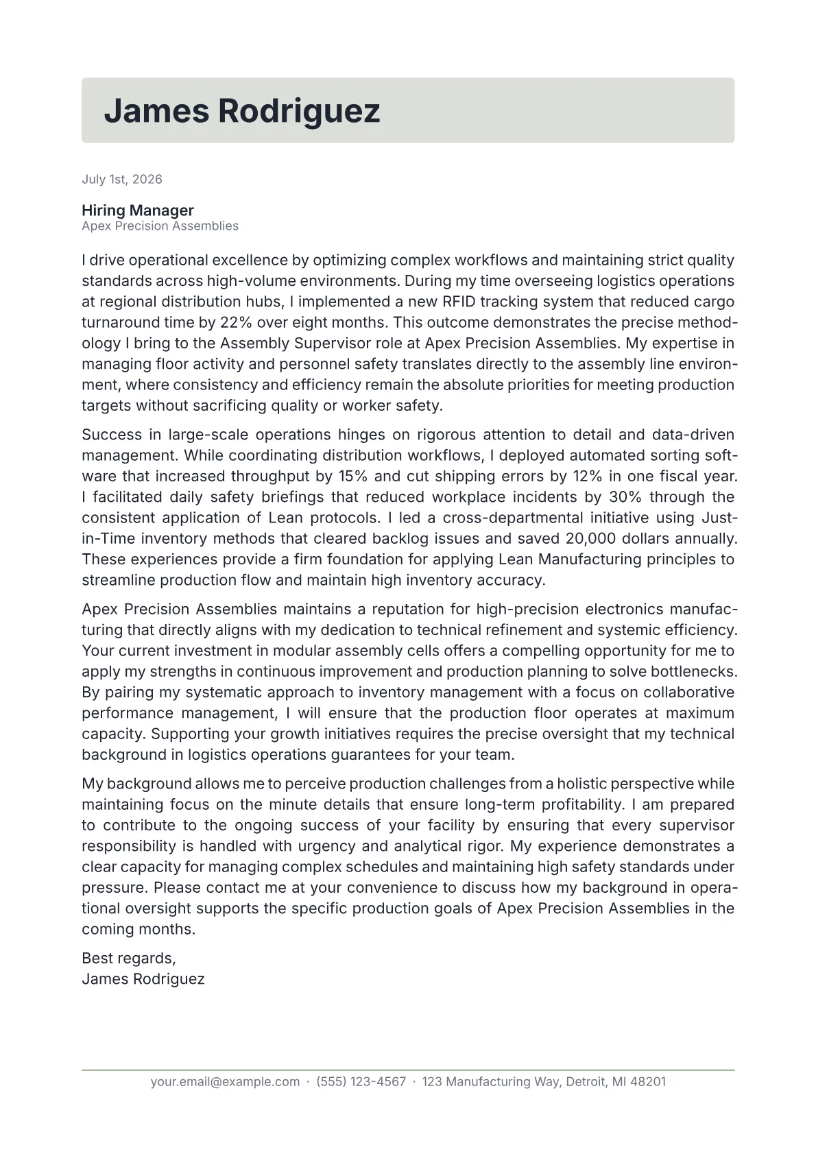 Assembly Supervisor cover letter in the Letterhead design