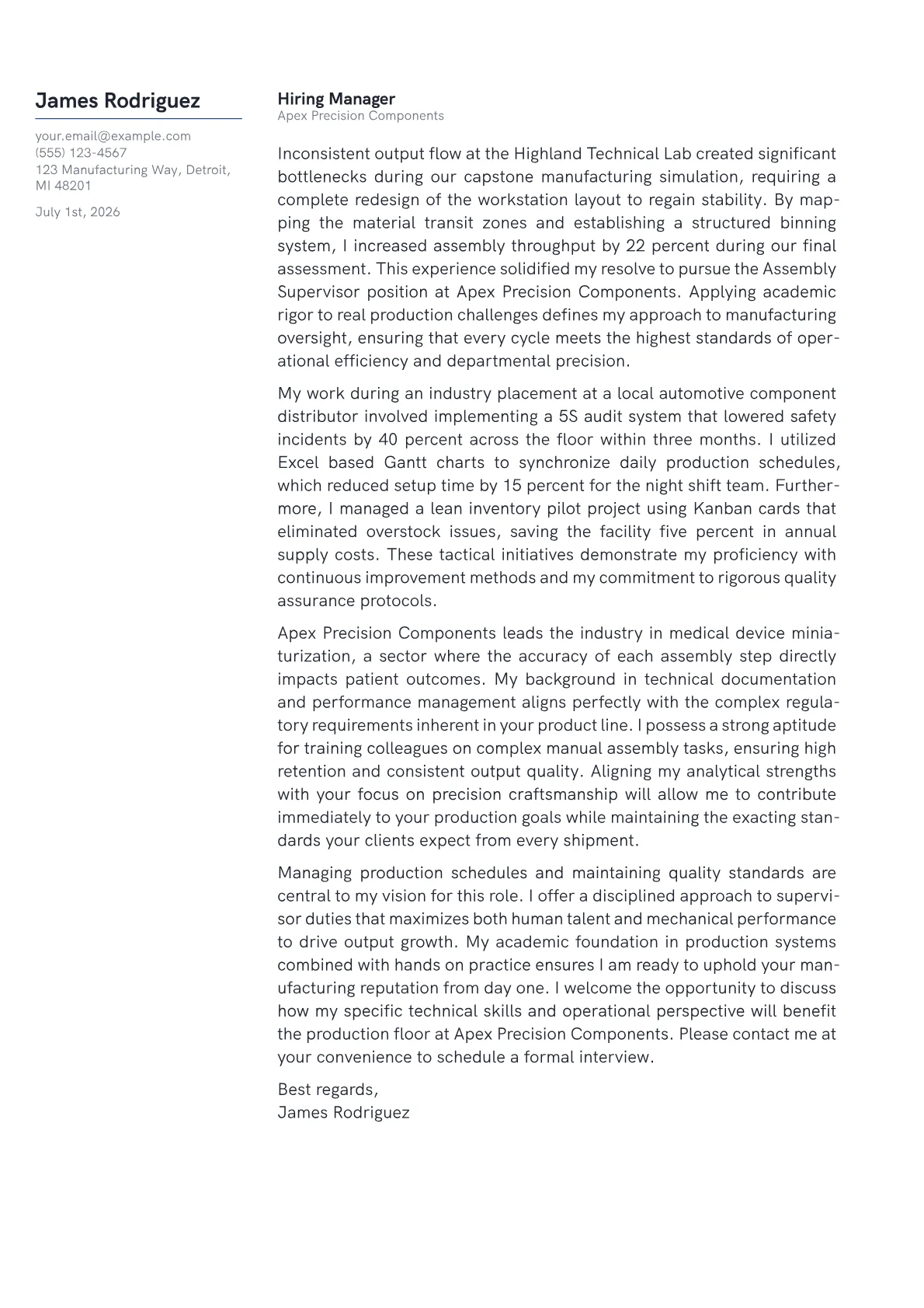 Assembly Supervisor cover letter in the Margin design