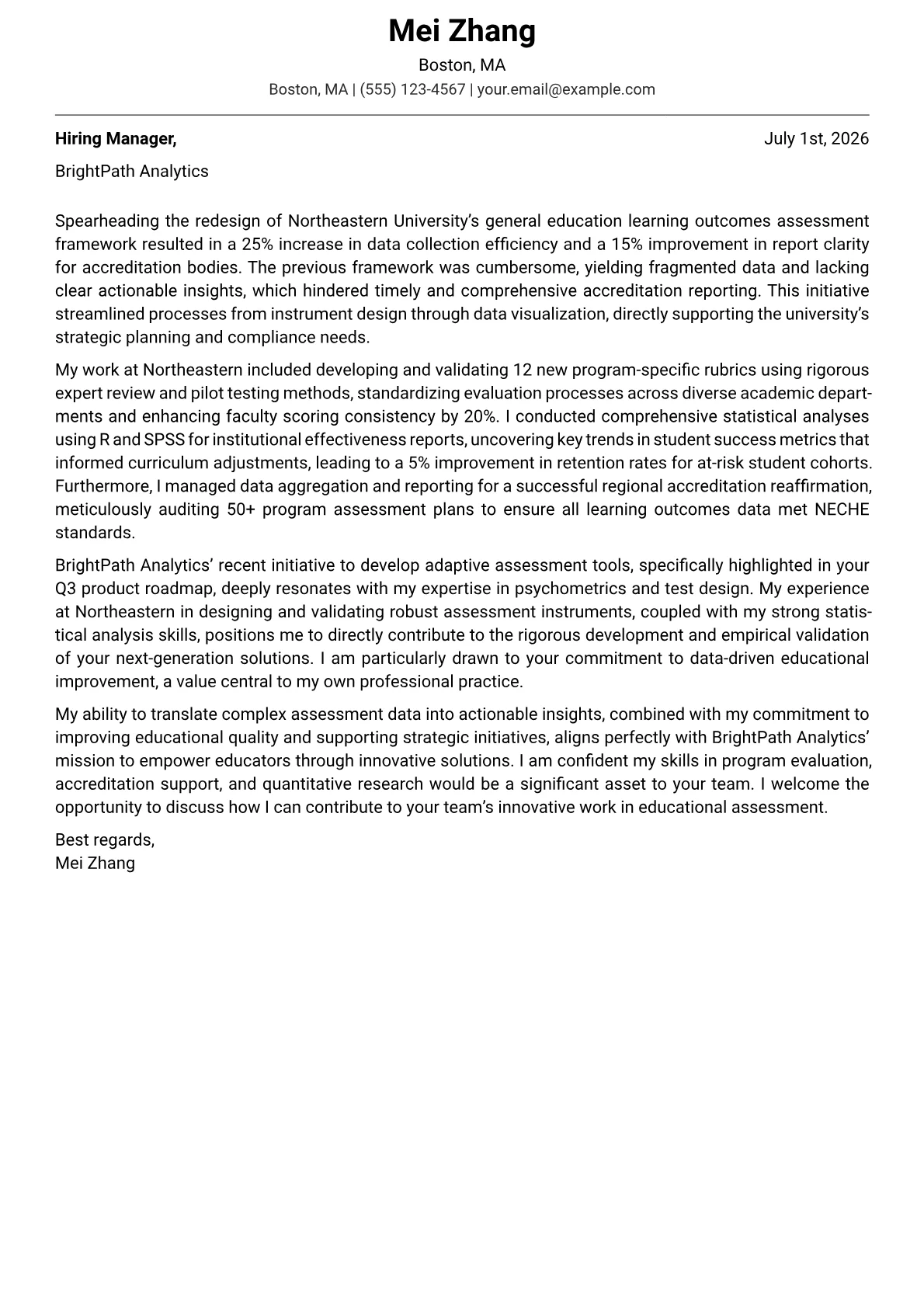 Assessment Coordinator cover letter formatted with a JobSprout template