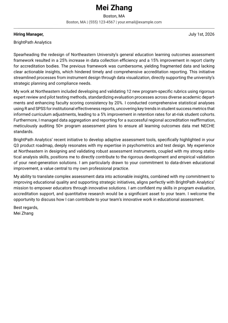 Assessment Coordinator cover letter example preview
