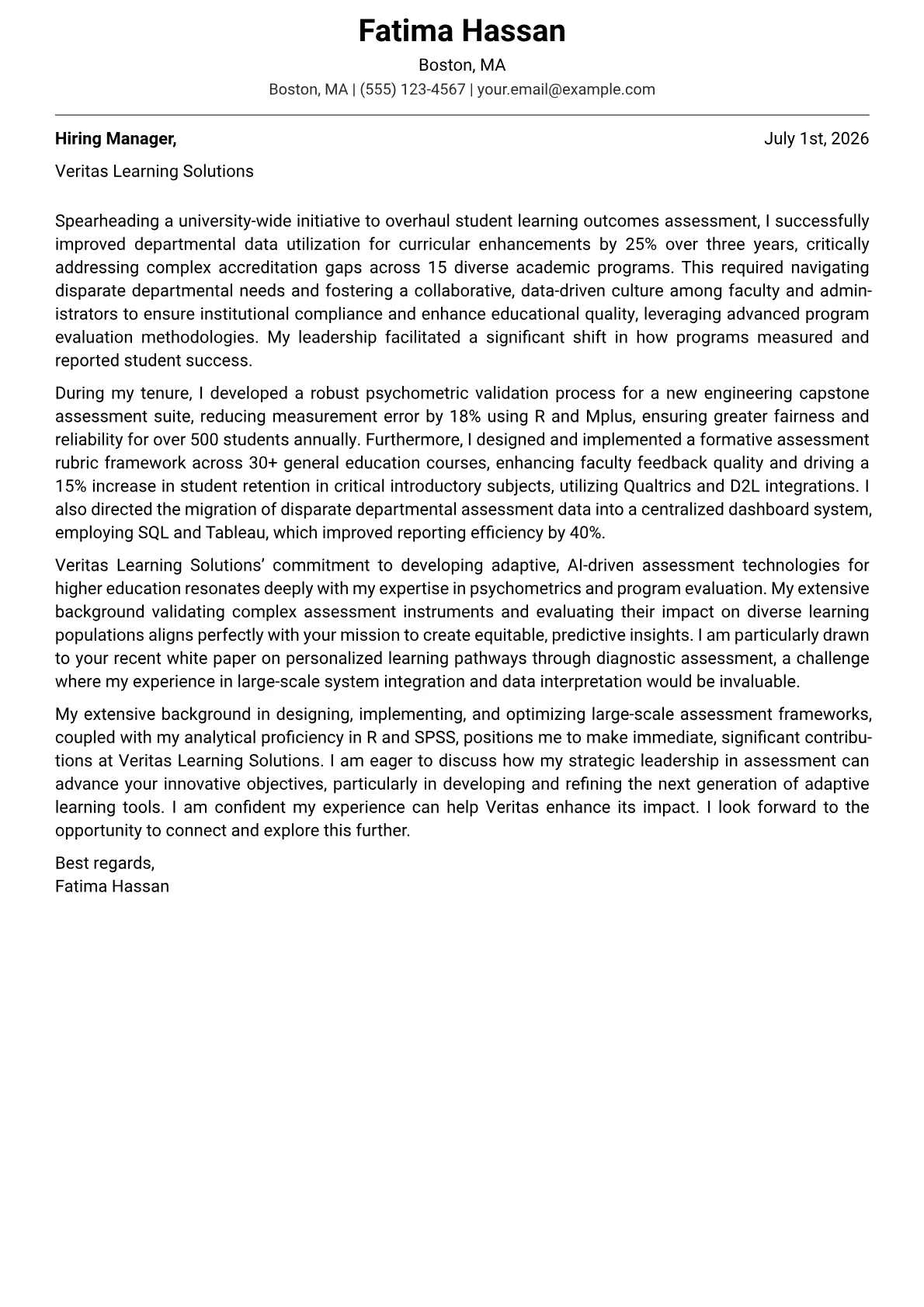 Assessment Director cover letter formatted with a JobSprout template