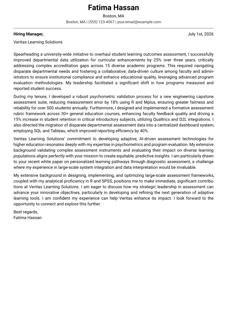 Assessment Director cover letter example preview