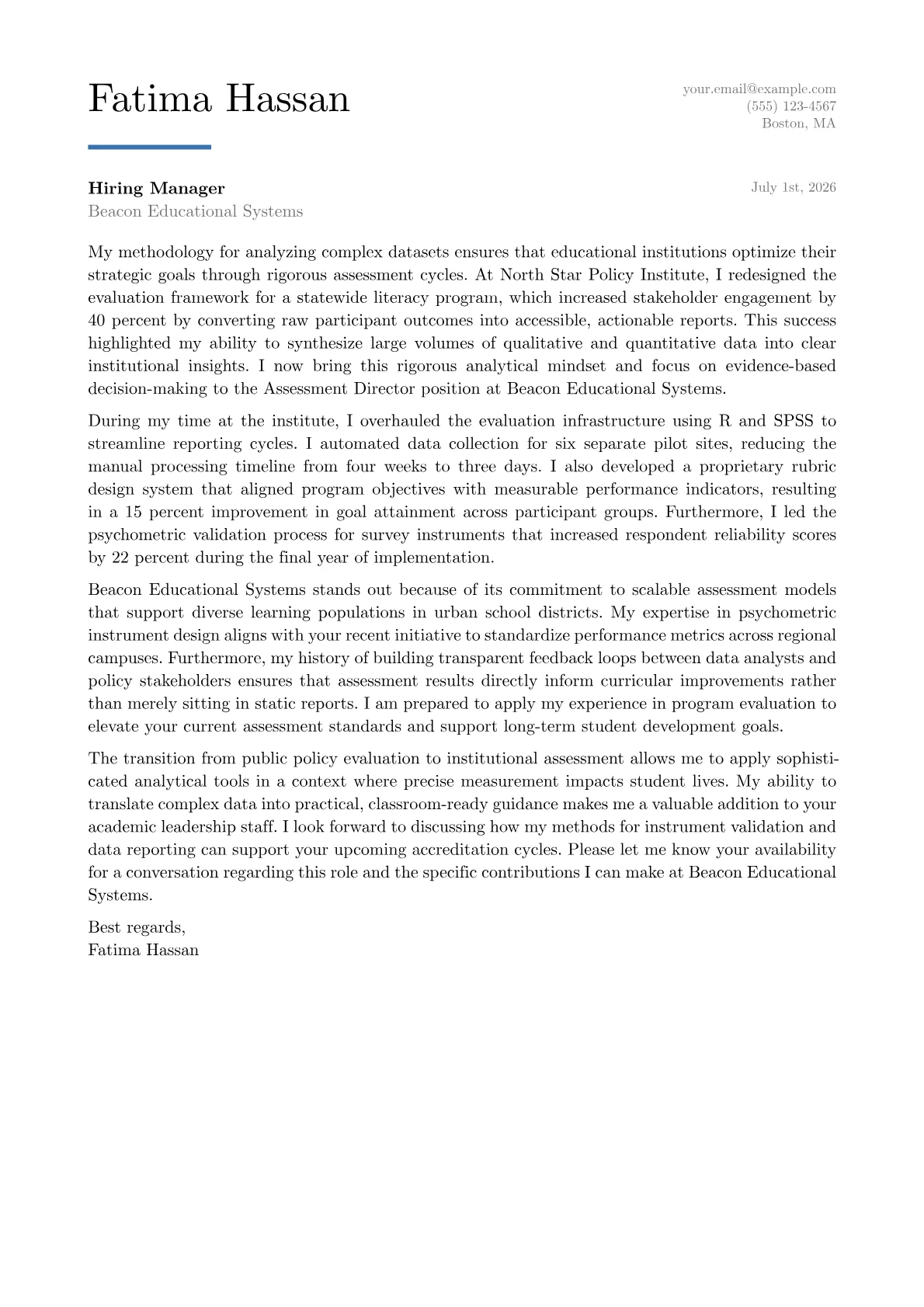 Assessment Director cover letter in the Executive design
