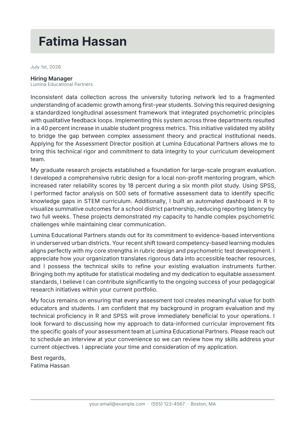 Assessment Director cover letter in the Letterhead design