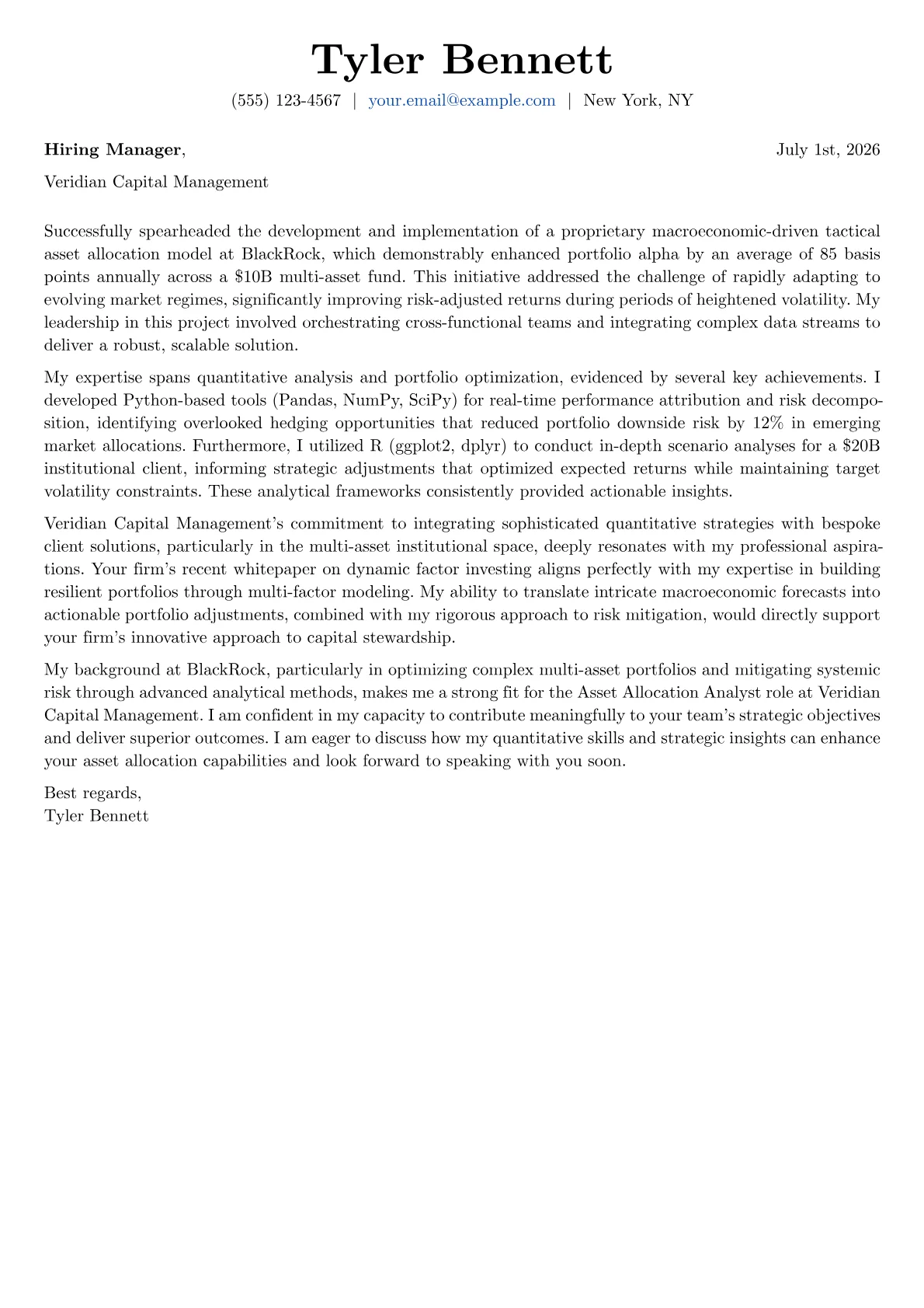 Asset Allocation Analyst cover letter formatted with a JobSprout template