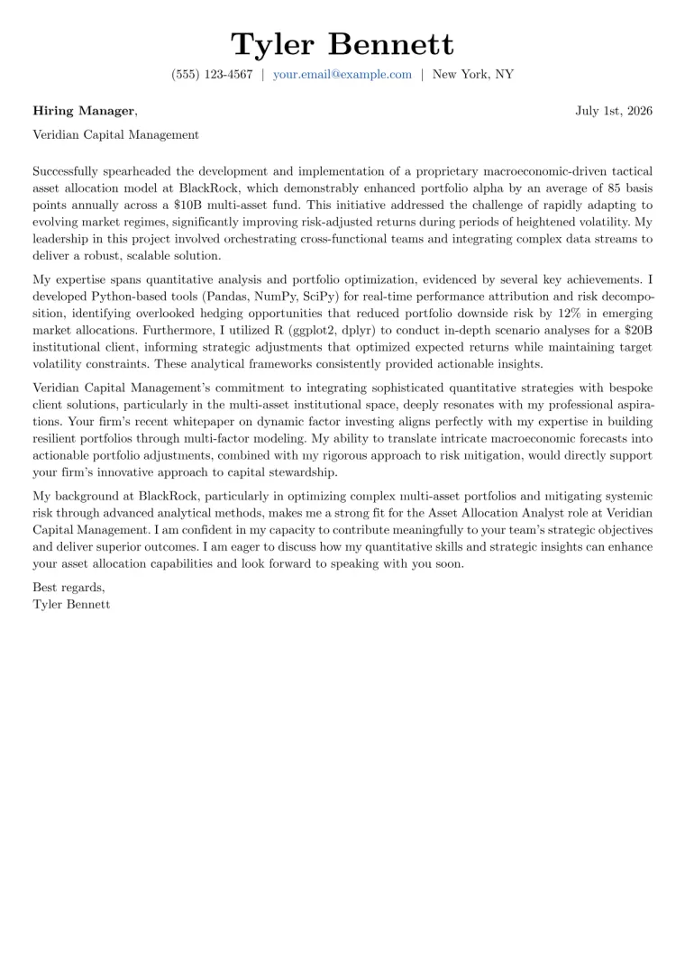 Asset Allocation Analyst cover letter example preview