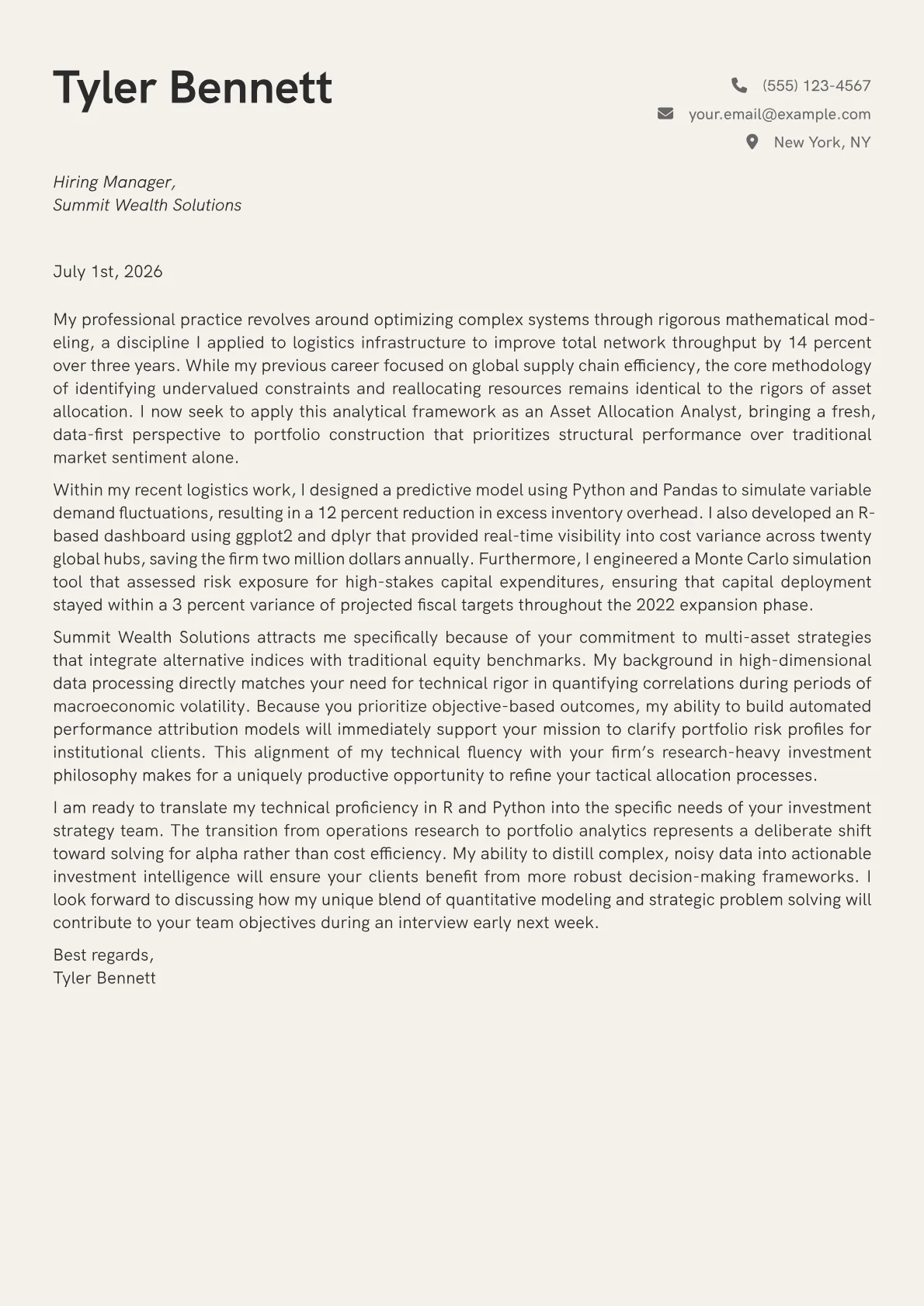 Asset Allocation Analyst cover letter in the Creative design