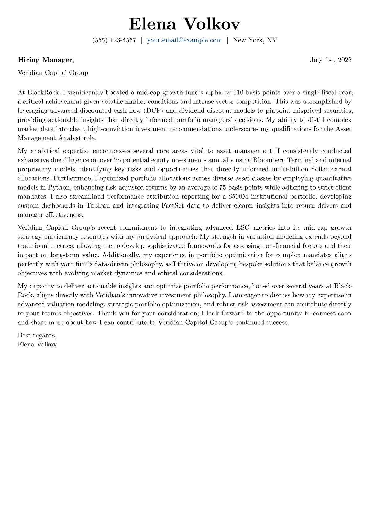 Asset Management Analyst cover letter formatted with a JobSprout template