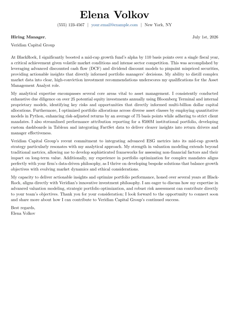 Asset Management Analyst Cover Letter Example