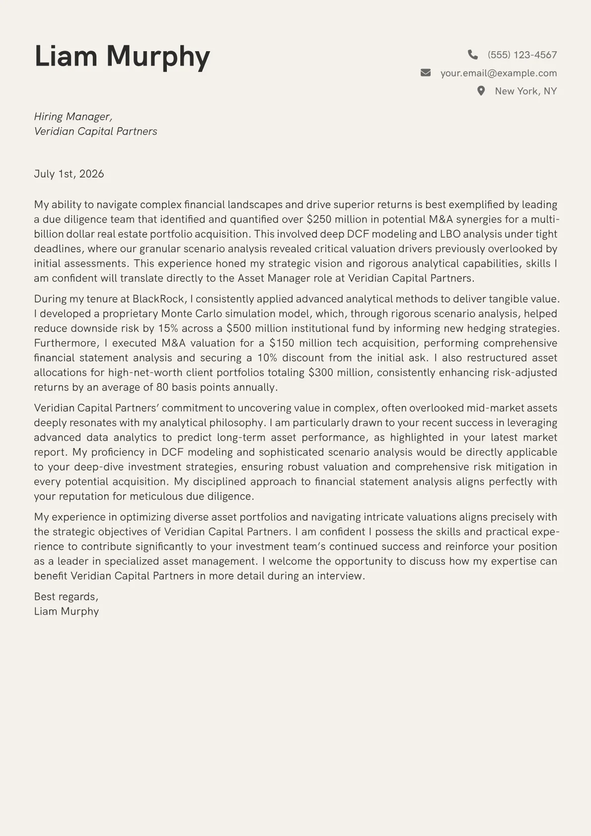 Asset Manager cover letter formatted with a JobSprout template
