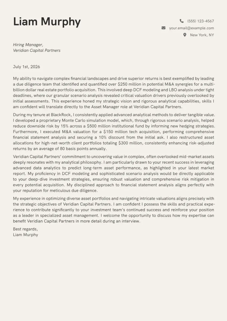 Asset Manager Cover Letter Example