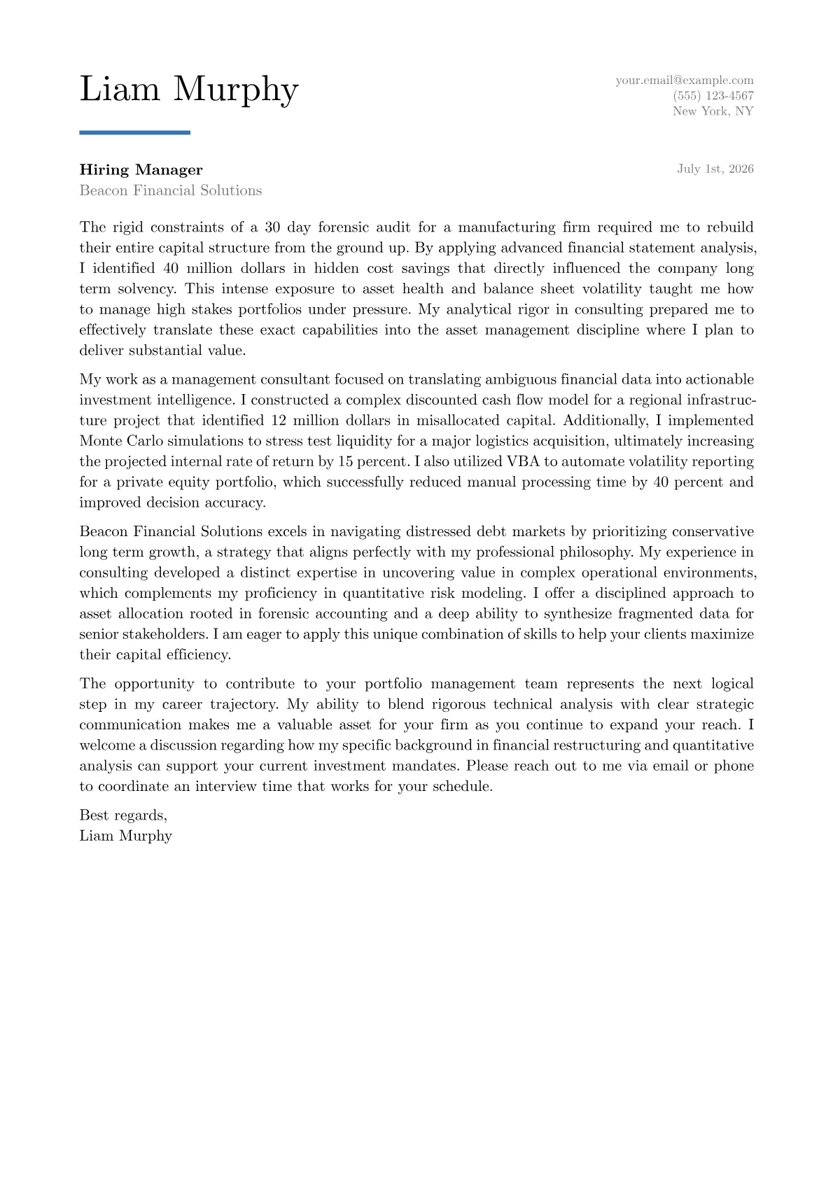 Asset Manager cover letter in the Executive design