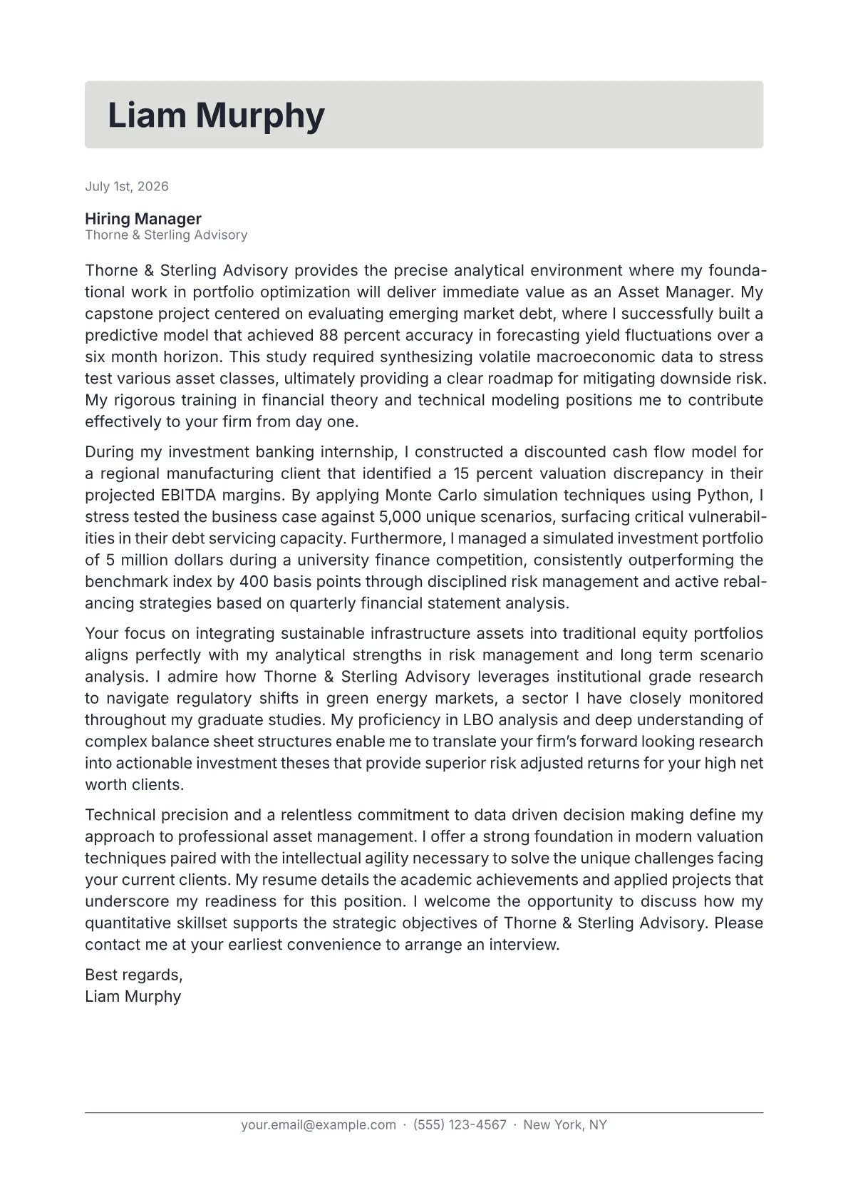 Asset Manager cover letter in the Letterhead design