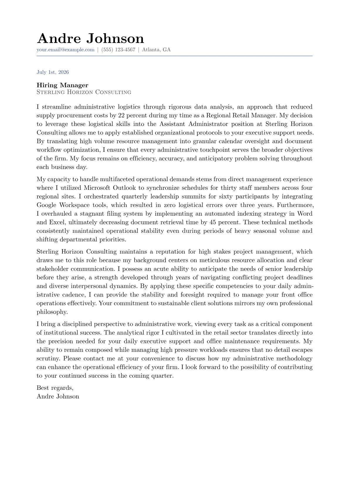 Assistant Administrator cover letter in the Classic design
