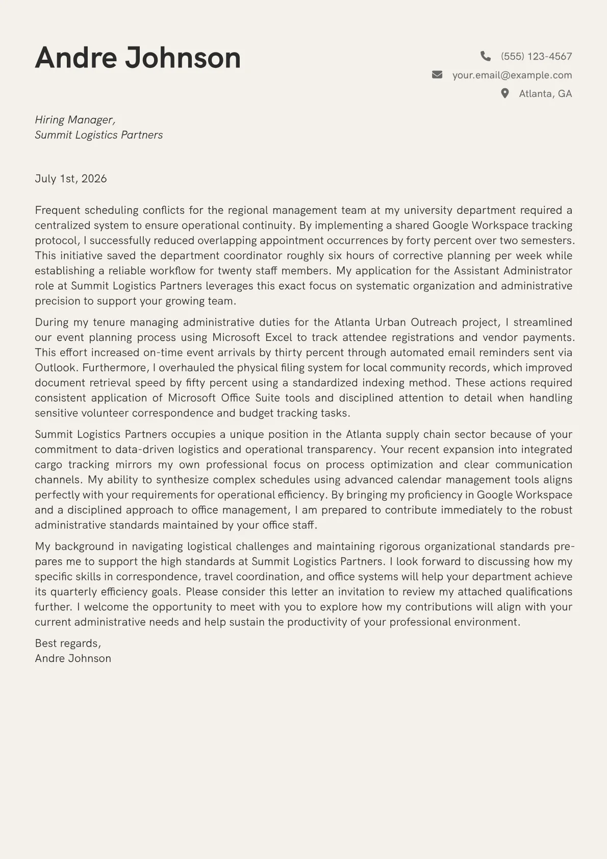 Assistant Administrator cover letter in the Creative design