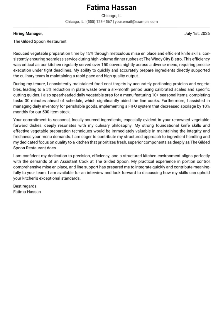 Assistant Cook cover letter example preview