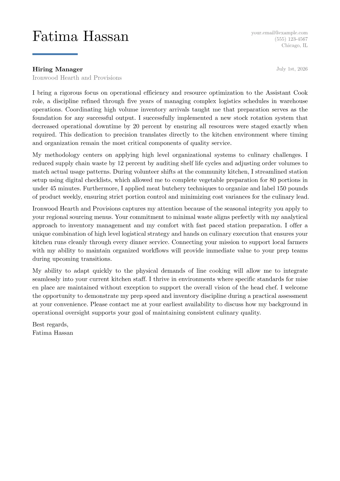 Assistant Cook cover letter in the Executive design