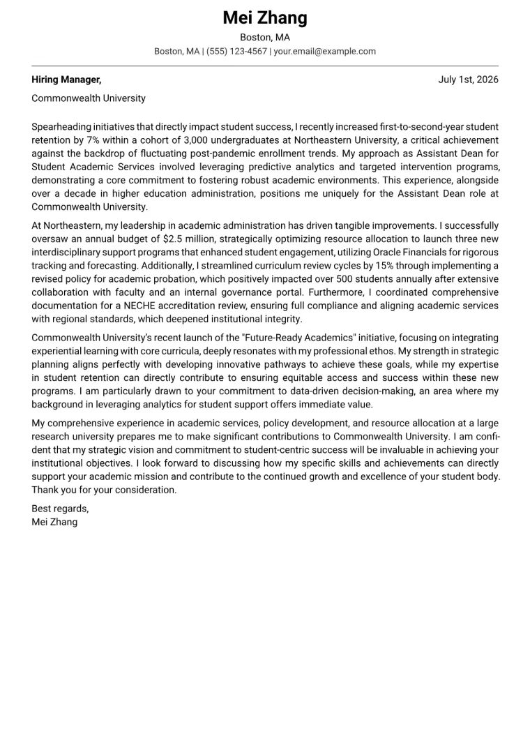 Assistant Dean cover letter example preview