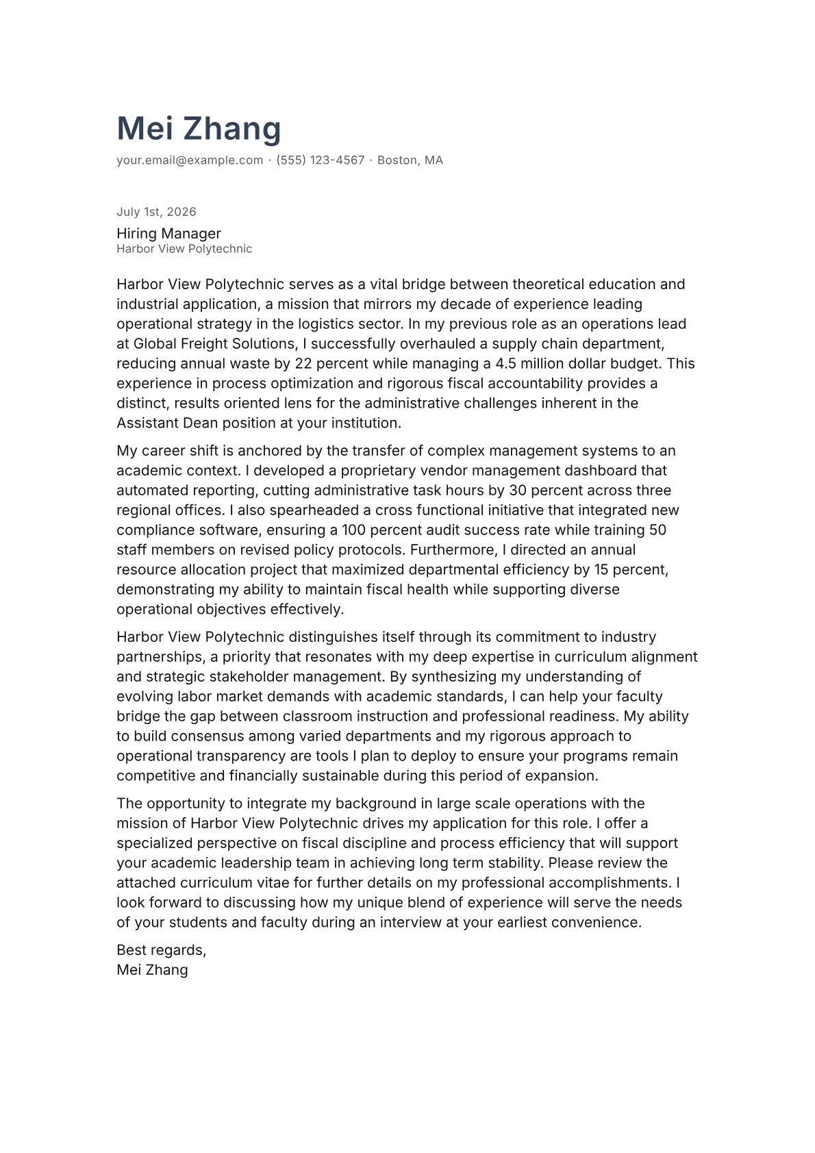 Assistant Dean cover letter in the Minimal design