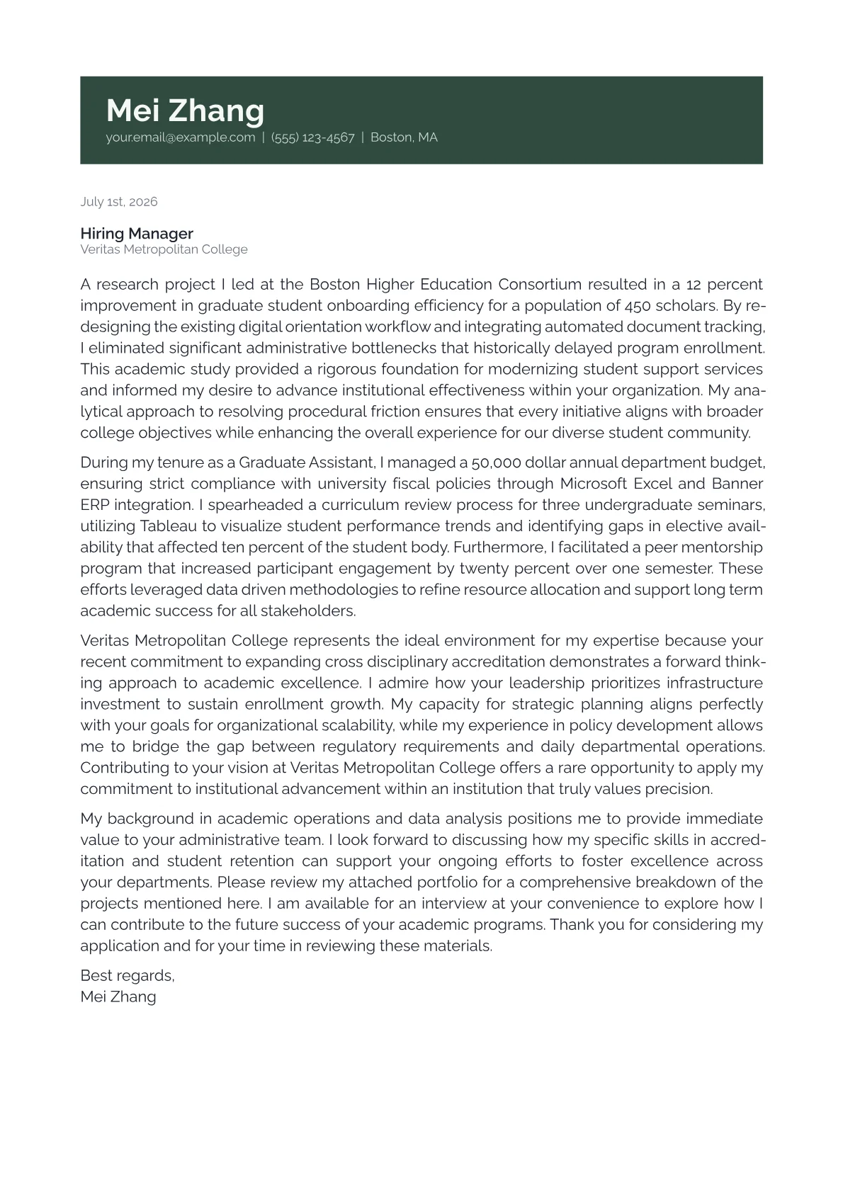 Assistant Dean cover letter in the Banner design