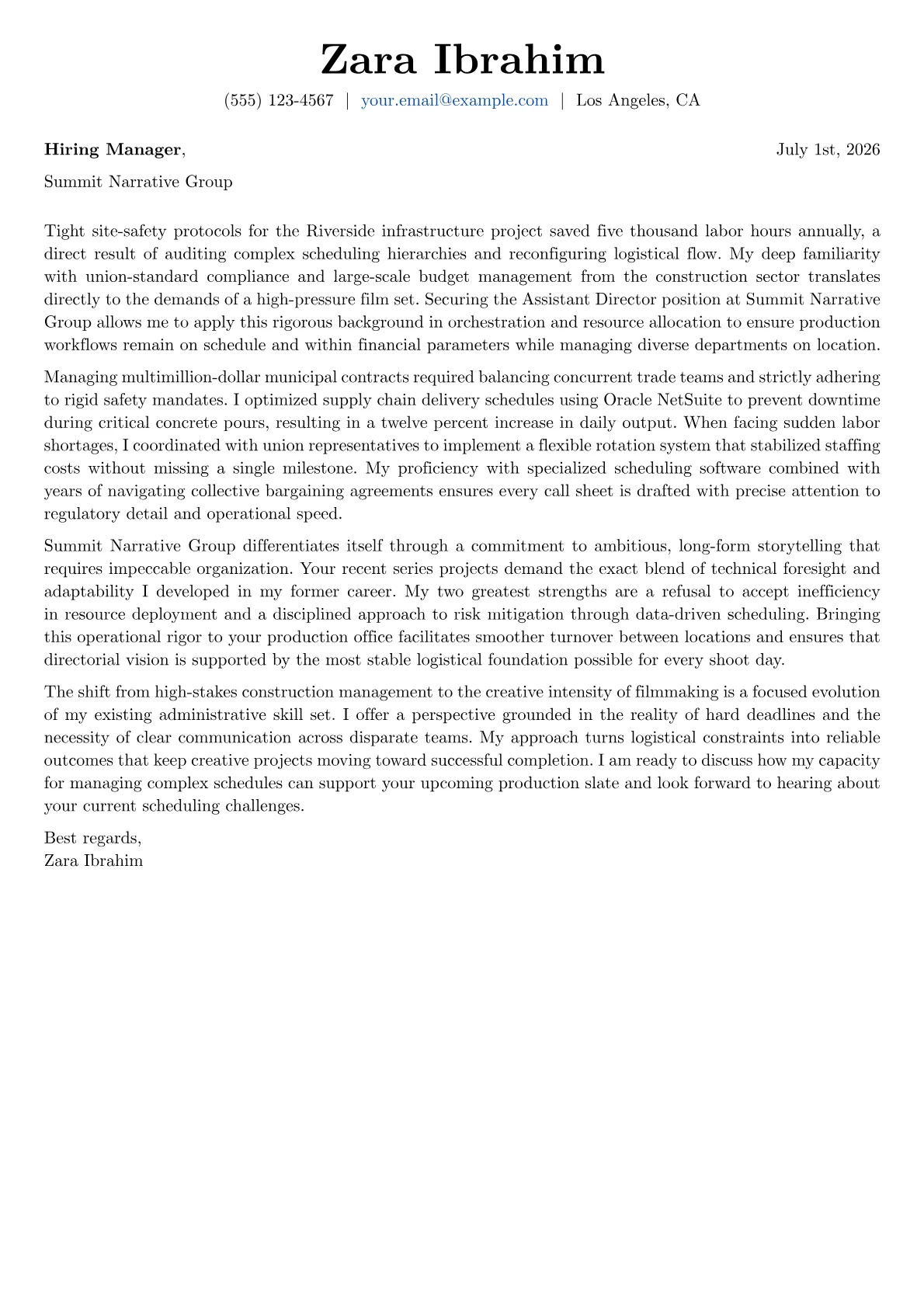 Assistant Director cover letter in the Basic design