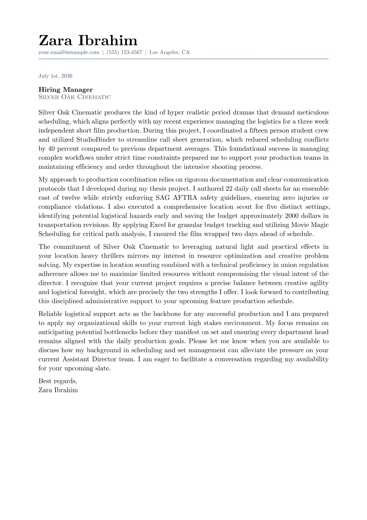 Assistant Director cover letter in the Classic design