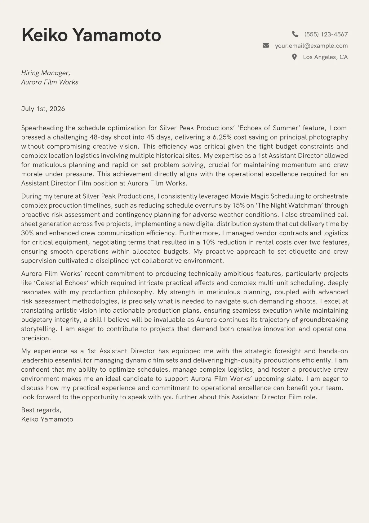 Assistant Director Film cover letter formatted with a JobSprout template