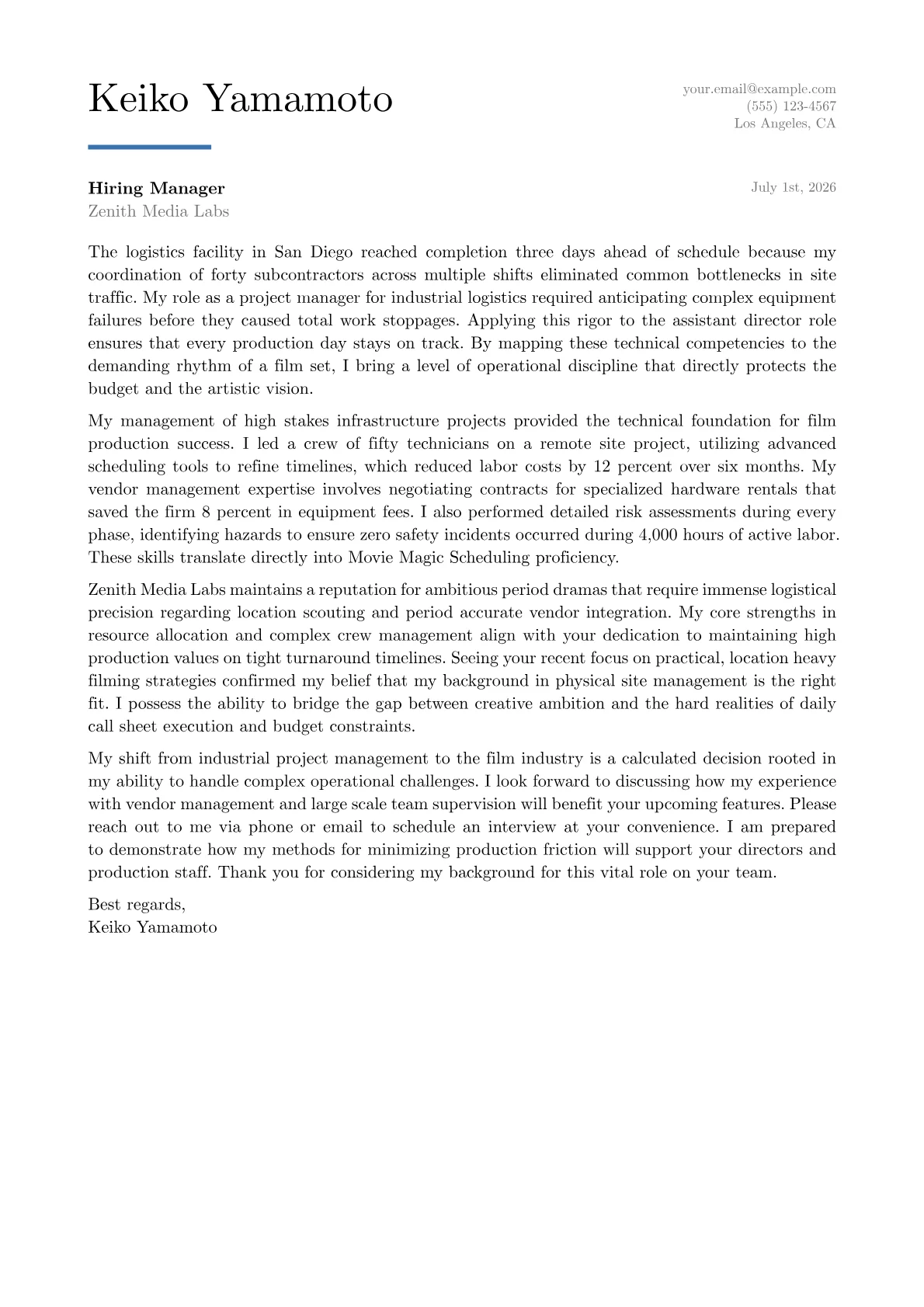 Assistant Director Film cover letter in the Executive design