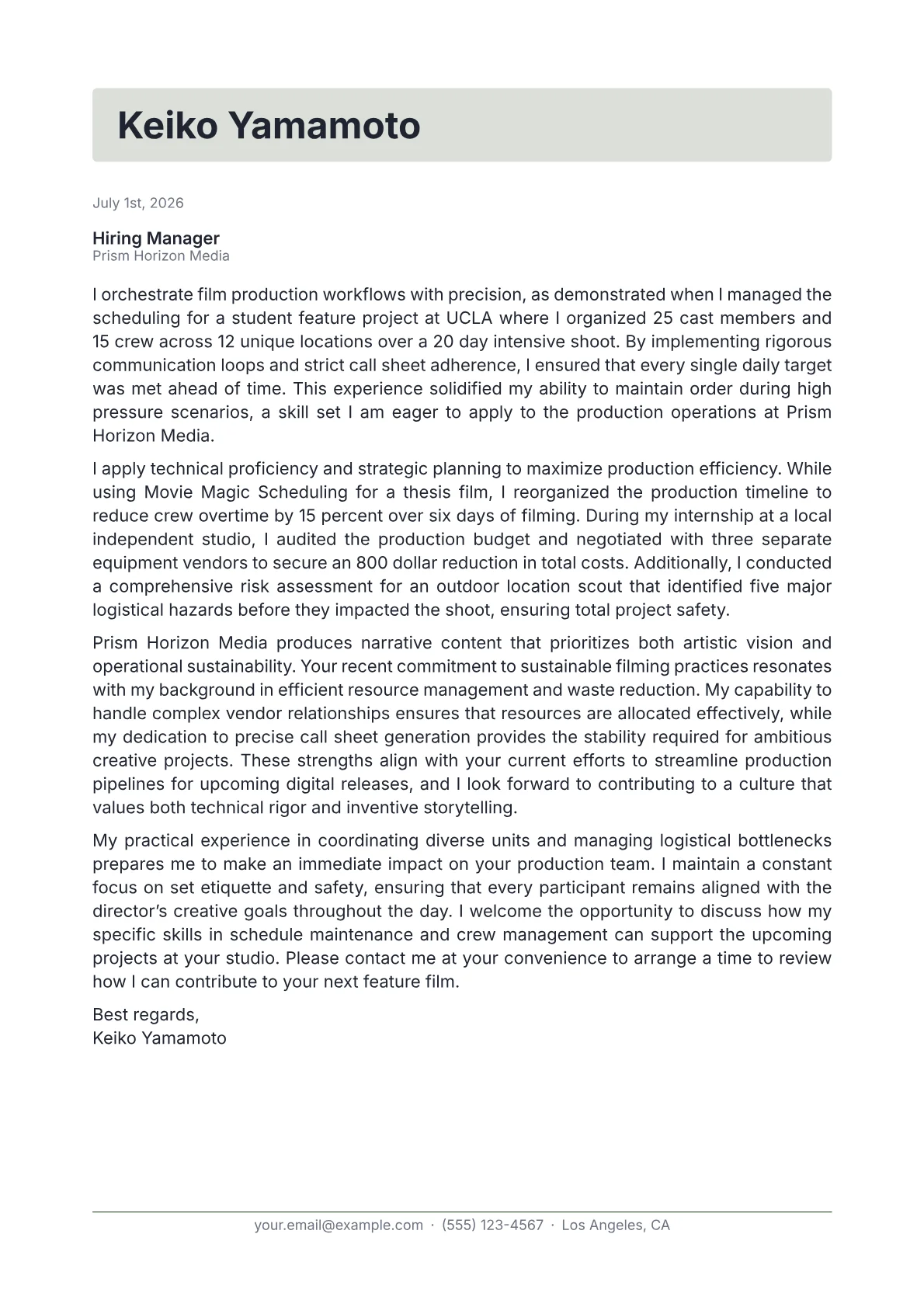 Assistant Director Film cover letter in the Letterhead design