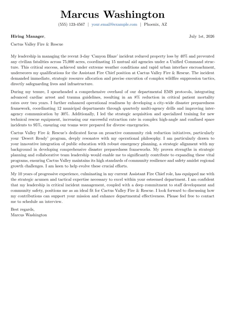 Assistant Fire Chief cover letter example preview